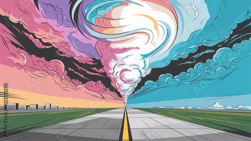 Runway disappearing into swirling vortex of clouds and colors.