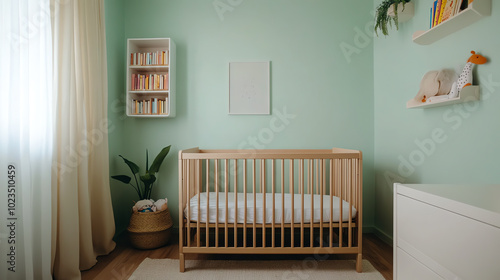 A serene nursery scene featuring a wooden crib, soft curtains, and green walls. Ideal for children's room decor inspiration and calming environments.