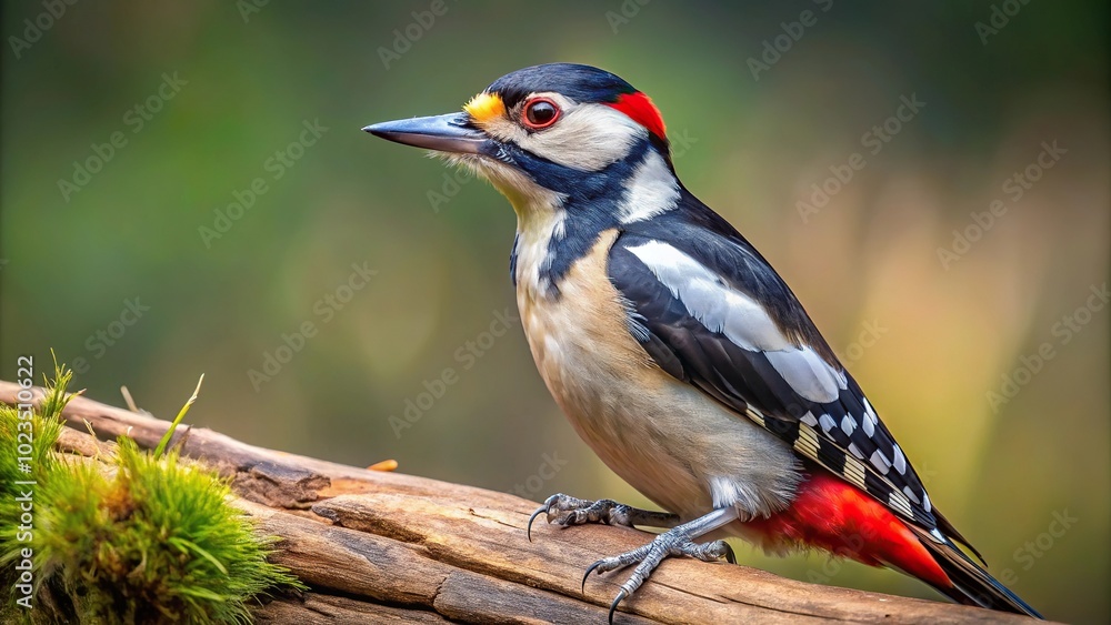 Obraz premium Image of a great spotted woodpecker perched on a tree