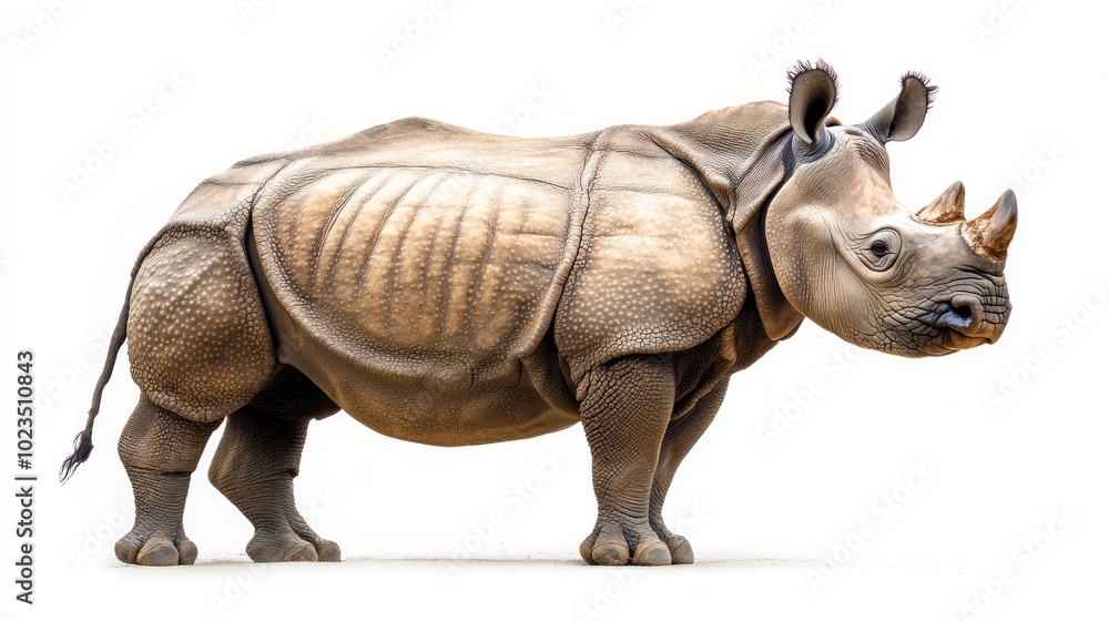 Fototapeta premium A large, grey rhinoceros stands on a white background, facing right with its head turned towards the camera.