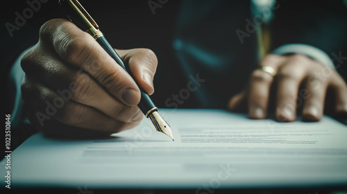 Close-up professional signing formal document with fountain pen, symbolizing agreement, business transactions, or legal formalities. Professionalism, commitment, and attention to detail