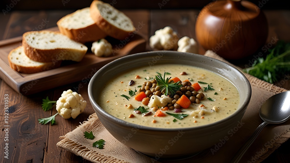 Creamy Cauliflower and Lentil Soup with Vegetables in a Rustic Bowl. Cozy Meal for Cold Days, Featuring Fresh Herbs and a Hearty, Comforting Taste . Creamy Cauliflower and Lentil Soup with Vegetables in a Rustic Bowl. Cozy Meal for Cold Days, Featuring Fresh Herbs and a Hearty, Comforting Taste .