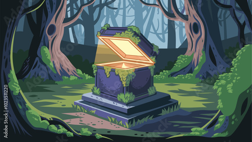 Mysterious, moss-covered box with glowing interior in ancient forest.