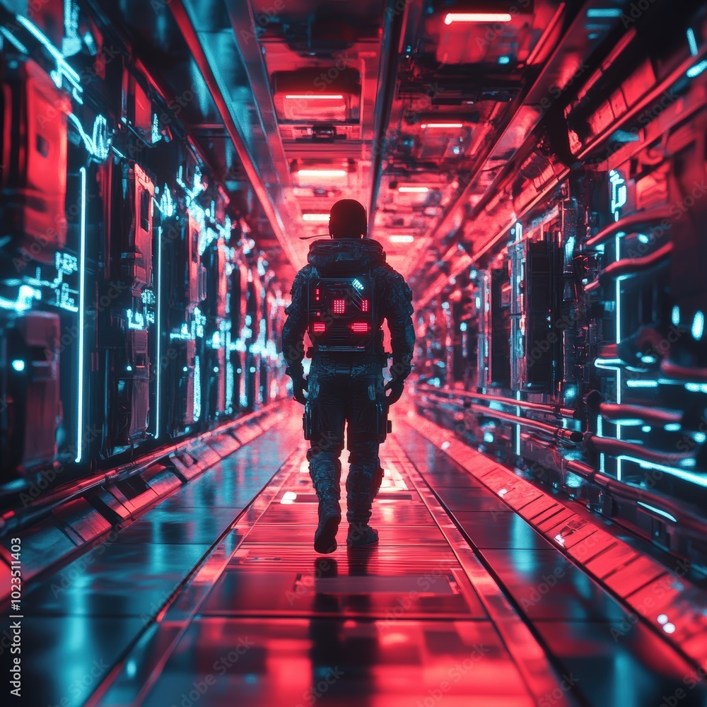 Fototapeta premium Futuristic Space Corridor with Astronaut Figure