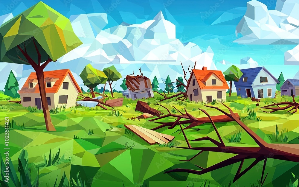 Fototapeta premium A vibrant landscape depicting a storm-stricken village with damaged houses and fallen trees under a bright blue sky