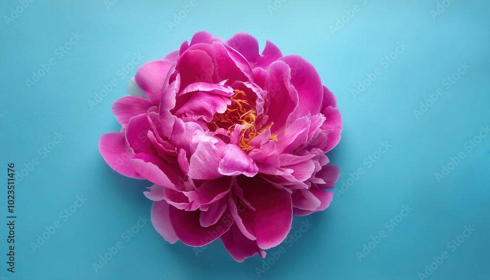 Vibrant Pink Peony Flower Bloom Against a Bright Aqua Blue Background, Highlighting Delicate Petals and a Stunning Central Yellow and Orange Blossom in High Detail Vibrant Pink Peony Flower Bloom Against a Bright Aqua Blue Background, Highlighting Delicate Petals and a Stunning Central Yellow and Orange Blossom in High Detail