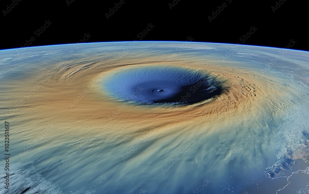 Aerial view of a powerful hurricane swirling over the ocean showcasing ...