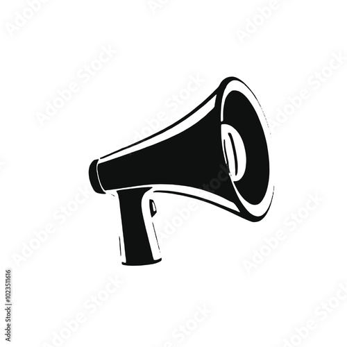 A black and white illustration of a megaphone or bullhorn with a sun-like symbol on the speaker 