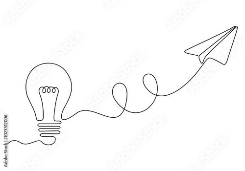 Paper plane flying up connected with light bulb continuous one line drawing. Airplane in outline style. Startup business idea concept vector illustration
