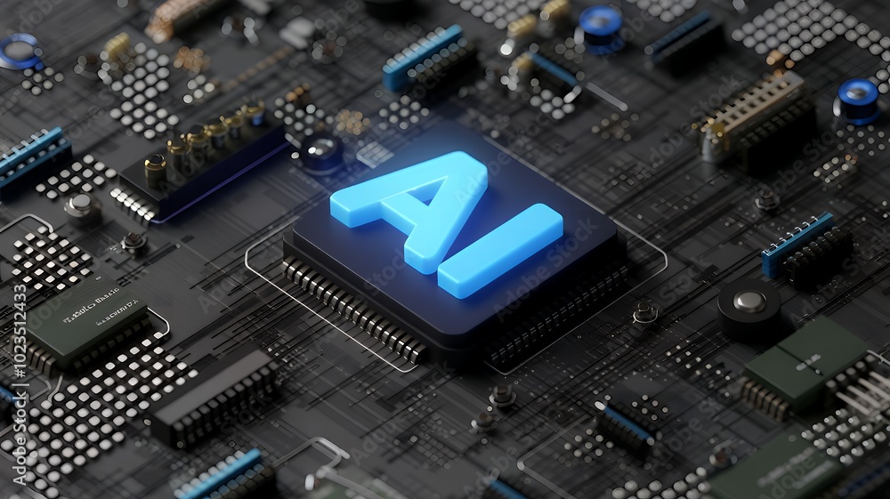 Fototapeta premium AI Chip with Glowing LEDs on 3D Electronic Circuit Board