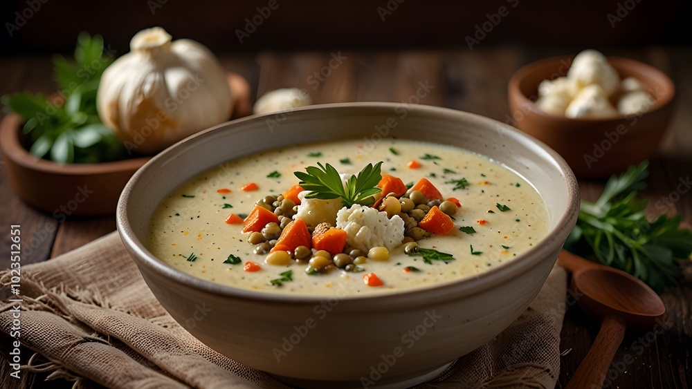 Creamy Cauliflower and Lentil Soup with Vegetables in a Rustic Bowl. Cozy Meal for Cold Days, Featuring Fresh Herbs and a Hearty, Comforting Taste . Creamy Cauliflower and Lentil Soup with Vegetables in a Rustic Bowl. Cozy Meal for Cold Days, Featuring Fresh Herbs and a Hearty, Comforting Taste .