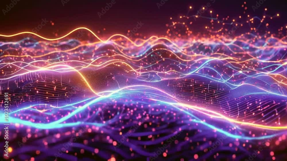 Abstract representation of flowing waves with vibrant colors and illuminated particles. Abstract representation of flowing waves with vibrant colors and illuminated particles.