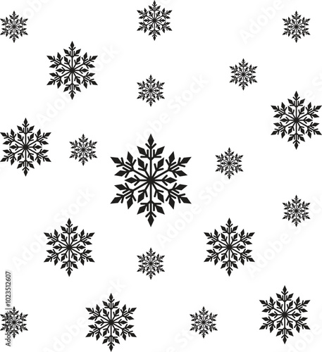 Christmas, New Year seamless pattern, snowflakes line illustration. Vector icons of winter holidays, cold season snow flakes, and snowfall. Celebration party black white repeated background.