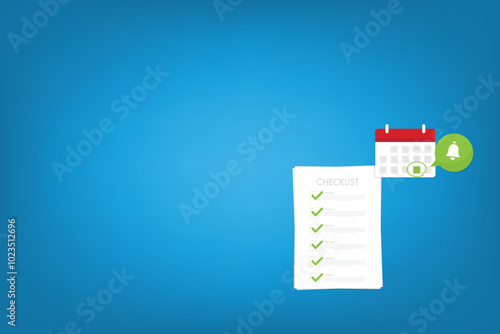 Check list document with a notification and calendar, paper check list and to do list with checkboxes, concept of survey, online quiz, completed things or done test, feedback.	