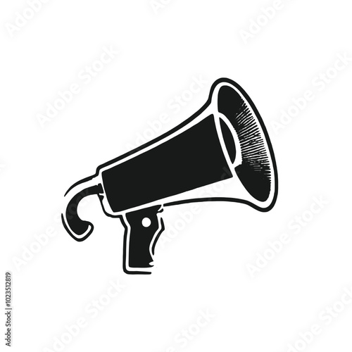 A black and white illustration of a megaphone or bullhorn with a sun-like symbol on the speaker 
