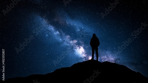 A lone figure stands on a mountaintop under a vast, starry night sky, the Milky Way stretching across the horizon.