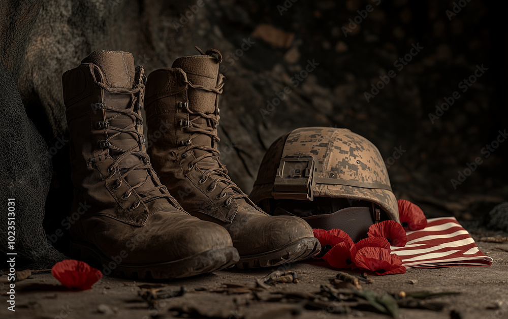 Veteran boots and helmet on the background of the US flag. for ...