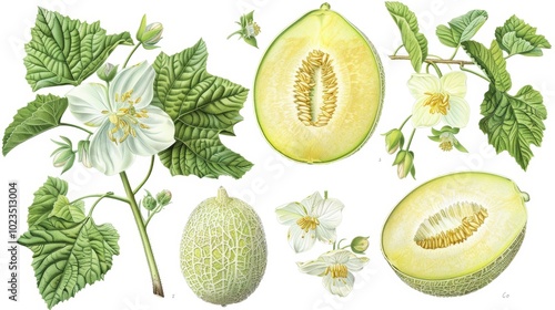 Vibrant Botanical Illustration Honeydew Melon Plant in Full Bloom