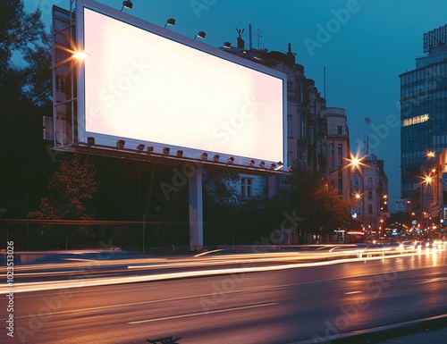 A deserted billboard illuminated by streetlights in a city at twilight. Ideal for advertising, marketing, and urban lifestyle themes. photo