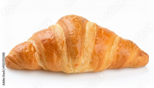 One croissant closeup, isolated on white background.