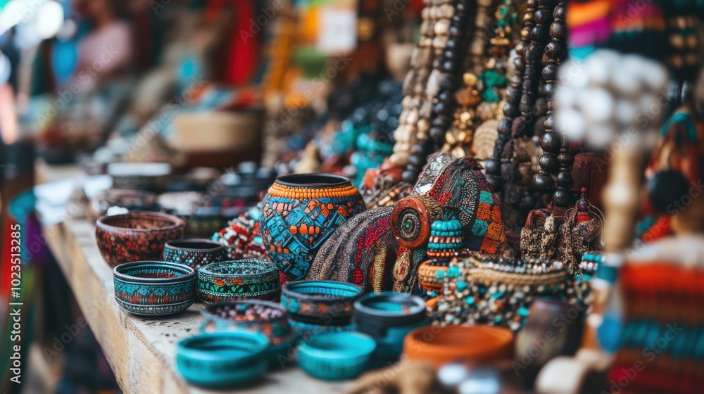 Fototapeta premium Cultural travel, close-up of traditional items in a market, colorful atmosphere