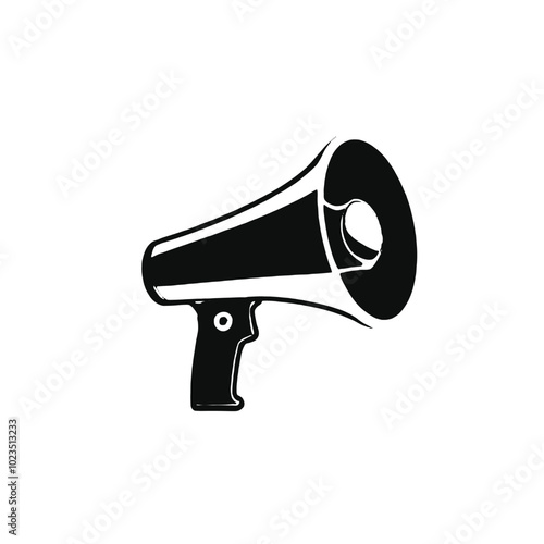 A black and white illustration of a megaphone or bullhorn with a sun-like symbol on the speaker 
