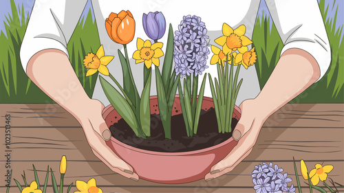 Woman's hands holding a bowl of fresh spring flowers.