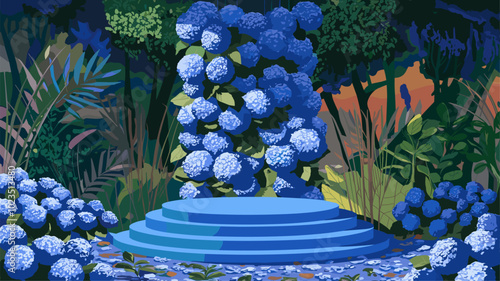 A vibrant blue podium adorned with a cascading waterfall of blue hydrangeas in a botanical garden.