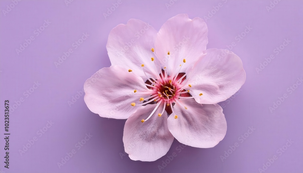 Close-up of Delicate Cherry Pink Flower Blossom with Soft Petals and Vibrant Stamens Against a Pastel Purple Background Close-up of Delicate Cherry Pink Flower Blossom with Soft Petals and Vibrant Stamens Against a Pastel Purple Background