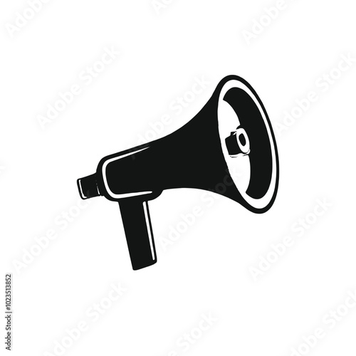 A black and white illustration of a megaphone or bullhorn with a sun-like symbol on the speaker 