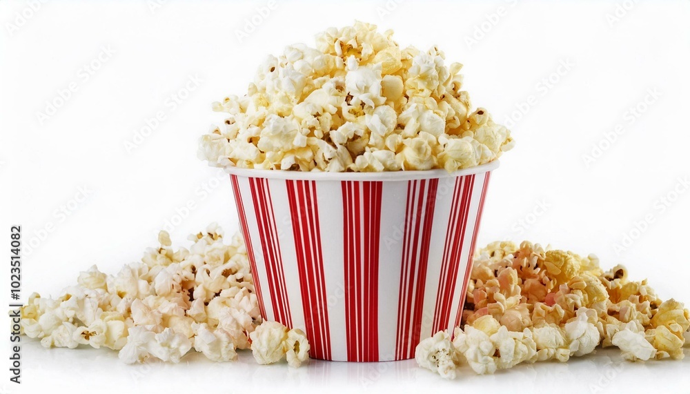 Popcorn in a striped bucket and a handful of popcorn flakes isolated on a white background Popcorn in a striped bucket and a handful of popcorn flakes isolated on a white background