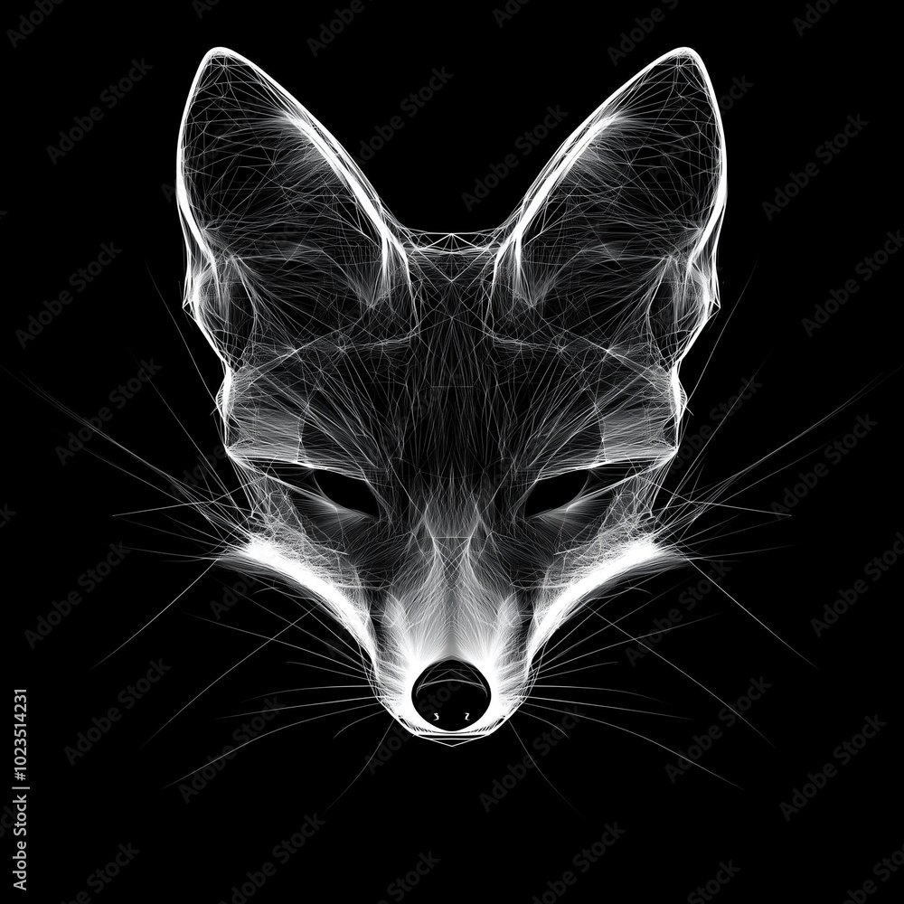 luminous white fox face against a black background in a dynamic ...