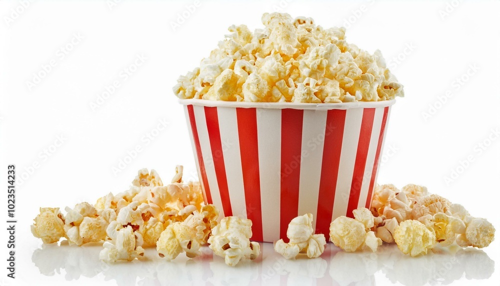 Popcorn in a striped bucket and a handful of popcorn flakes isolated on a white background. Popcorn in a striped bucket and a handful of popcorn flakes isolated on a white background.