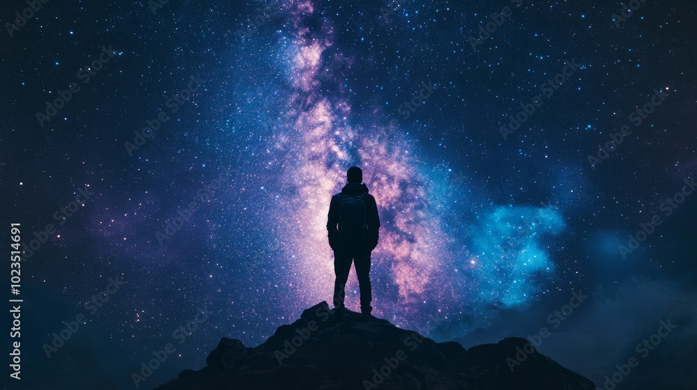 Fototapeta premium A lone figure stands silhouetted against a vibrant night sky, the Milky Way stretching across the vast expanse above.