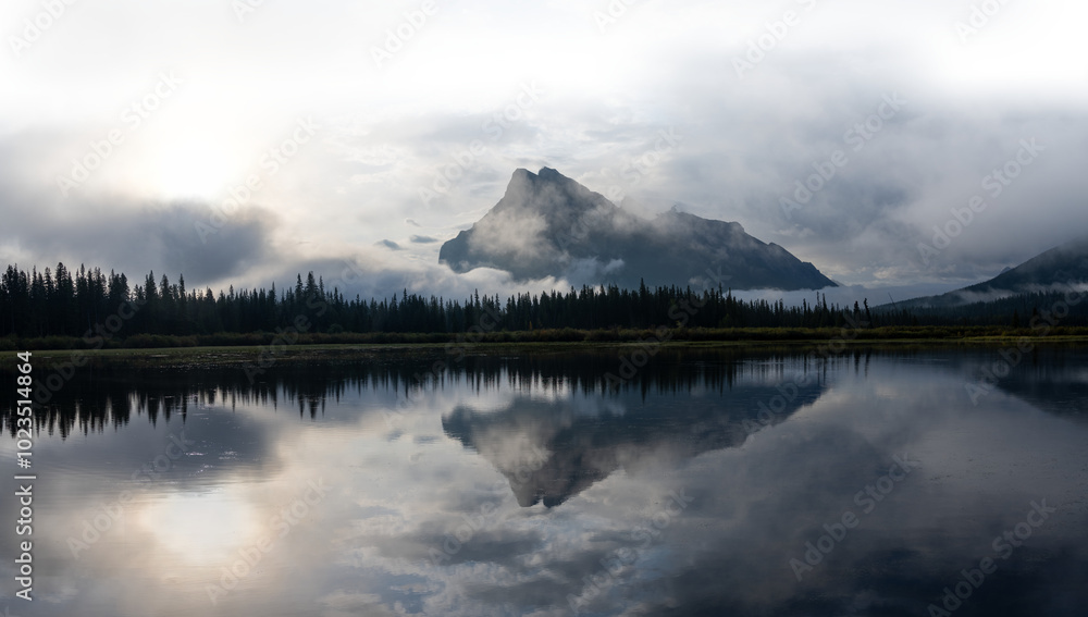 Mount Rundle Banff with Vermillion Lake clouds mist reflection partially transparent sky
Mount Rundle Banff with Vermillion Lake clouds mist reflection partially transparent sky