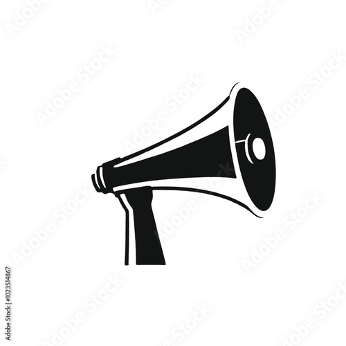 A black and white illustration of a megaphone or bullhorn with a sun-like symbol on the speaker 
