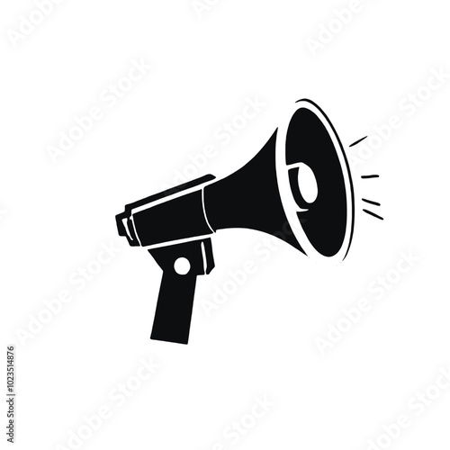 A black and white illustration of a megaphone or bullhorn with a sun-like symbol on the speaker 