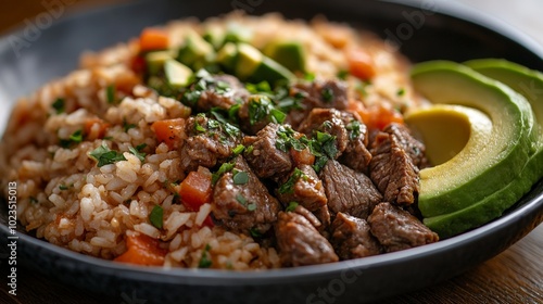 cuisine rice and beef dish, accompanied by fresh avocado slices on the side