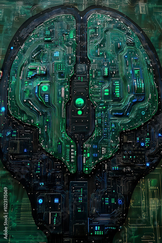 Green circuit board shaped like a brain photo