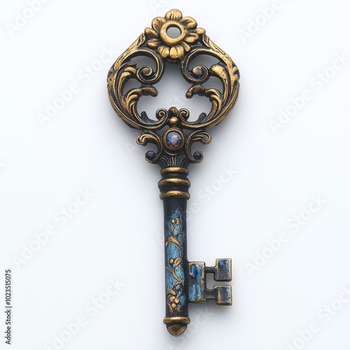 A single vintage key with ornate designs, symbolizing mystery and history, isolated on white background. 