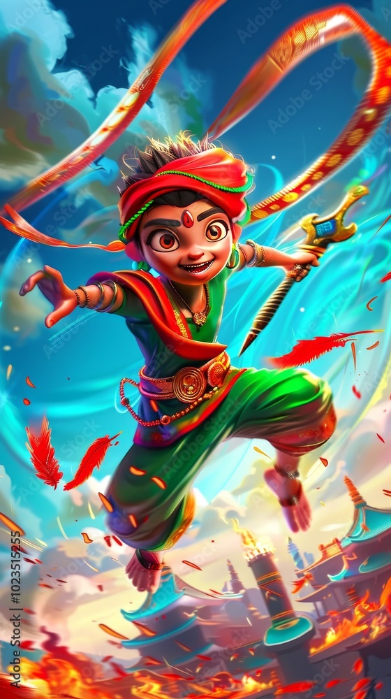 Thrilling adventure of a young warrior in a fantasy realm.Concept of Makar sankranti Thrilling adventure of a young warrior in a fantasy realm.Concept of Makar sankranti