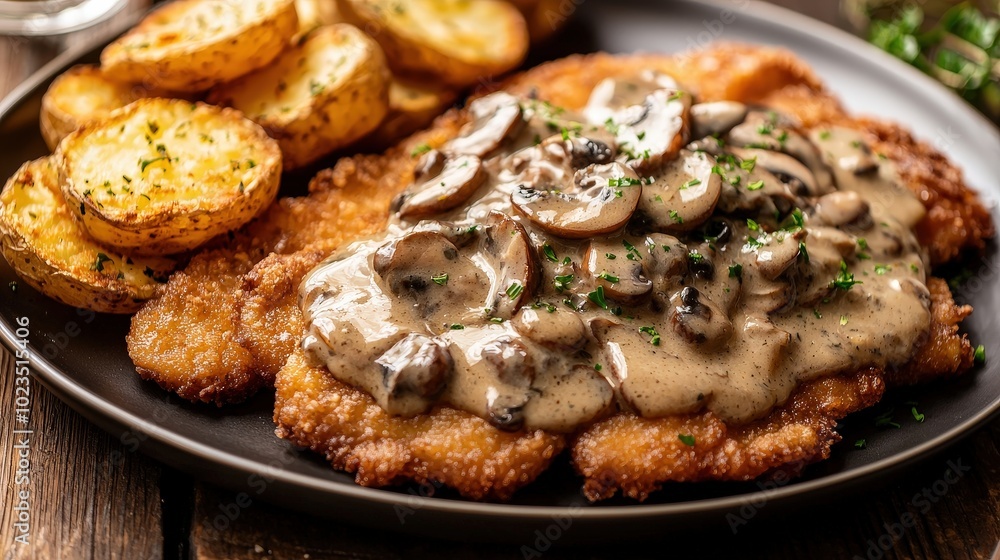 A mouthwatering dish featuring crispy chicken topped with creamy mushroom sauce, accompanied by golden roasted potatoes sprinkled with fresh herbs A mouthwatering dish featuring crispy chicken topped with creamy mushroom sauce, accompanied by golden roasted potatoes sprinkled with fresh herbs