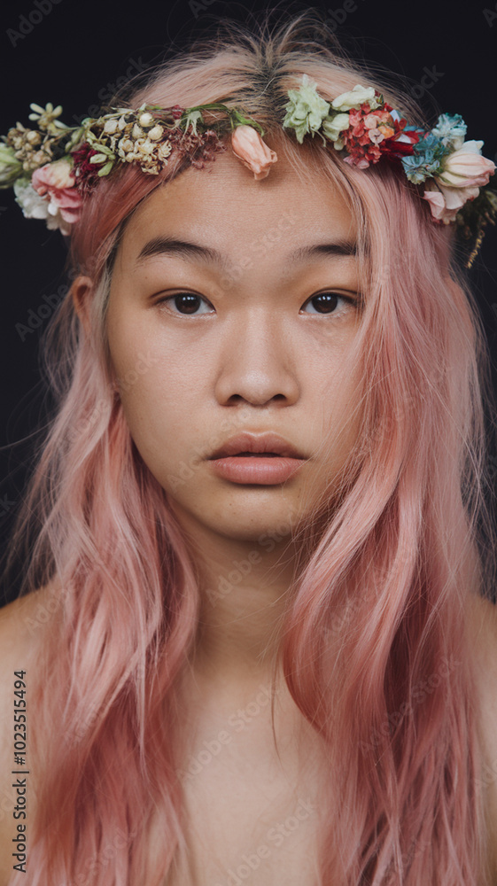A photo of a close-up portrait of an Asian young woman with long pink hair. She has no makeup and is wearing a floral crown. The background is black. A photo of a close-up portrait of an Asian young woman with long pink hair. She has no makeup and is wearing a floral crown. The background is black.