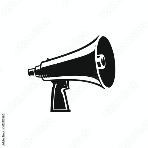 A black and white illustration of a megaphone or bullhorn with a sun-like symbol on the speaker 