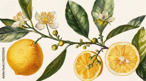 Yuzu Delight Exquisite Botanical Illustration of Lush Plant Blossoms and Fruit Perfect for Garden Enthusiasts and Nature Lovers