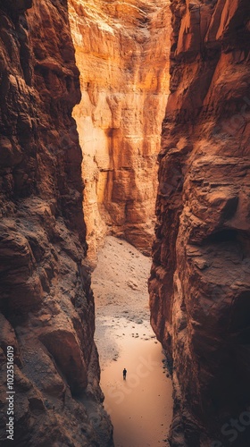 A lone hiker walks through a narrow canyon in the desert.