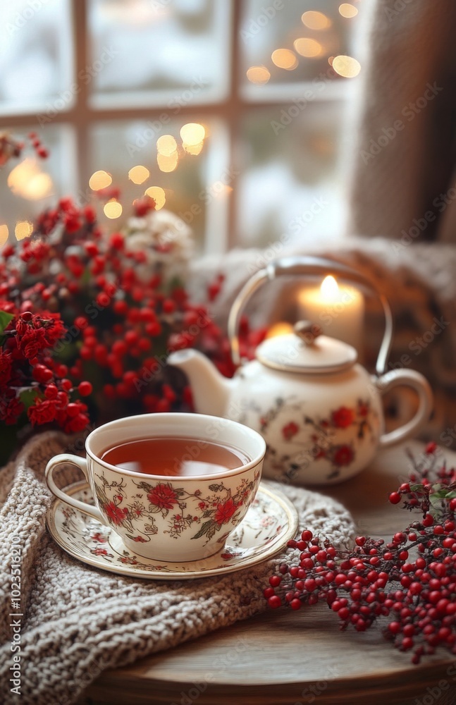 Fototapeta premium Cozy Evening with Tea, Candles, and Vintage Decor in a Warm Home