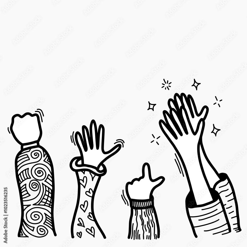 Fototapeta premium Applaud hands vector in doodle style. Hand drawn clapping human hands doodle set. vector illustration.
