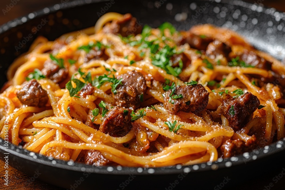 A mouthwatering dish features spaghetti intertwined with tender beef pieces, garnished with fresh herbs and a rich sauce, presented elegantly in a bowl A mouthwatering dish features spaghetti intertwined with tender beef pieces, garnished with fresh herbs and a rich sauce, presented elegantly in a bowl
