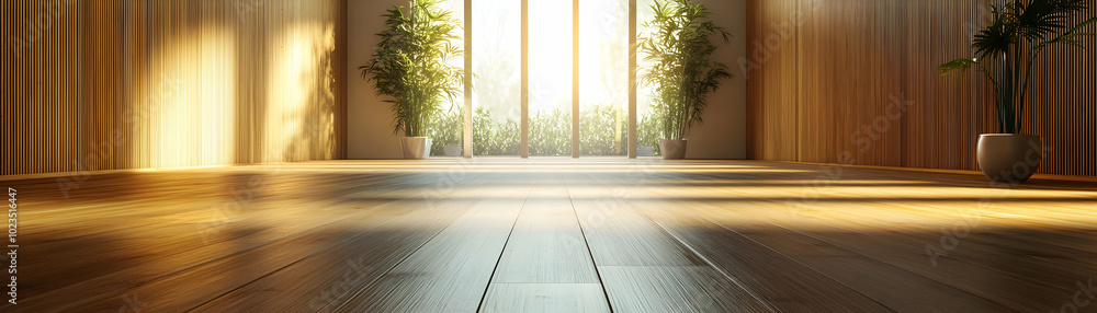 Serene Yoga Studio with Natural Bamboo Flooring: Tranquil Minimalist Space for Wellness and Class Schedule Photography Stock Concept Serene Yoga Studio with Natural Bamboo Flooring: Tranquil Minimalist Space for Wellness and Class Schedule Photography Stock Concept